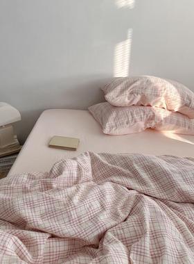 粉色少女心奶油简约格子提花全棉床上四件套纯棉床单被套单公主风