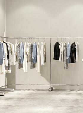 服装店落地式不锈钢拉丝挂衣架女装店中岛货架展示架简约陈列道具