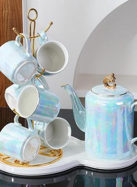 家用手绘碧波纹水具陶瓷炫彩珠光金边茶壶加茶盘乔迁送礼套装