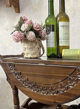 法式中古风可移动小边几美式复古推车茶几折叠茶台餐车家用小茶车