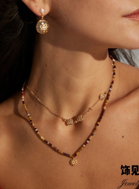 新中式复古小众纯银彩色蛋黄石项链高级感轻奢锁骨链花朵气质颈链