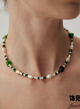 新中式轻奢小众天然孔雀石珍珠项链清新气质手链高级感串珠锁骨链