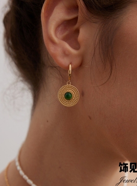 法式度假风复古草帽绿玉髓项链轻奢小众高级感耳环气质纯银戒指女