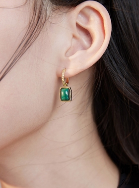 法式复古天然孔雀石气质s925纯银耳环小众时尚高级感项链轻奢饰品