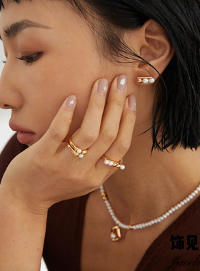 双层高级感小众设计轻奢戒指女天然珍珠时尚指环18K金食指戒配饰