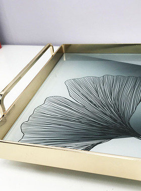 欧式轻奢创意托盘金属玛瑙v石纹现代客厅茶几办公室玻璃收纳装饰