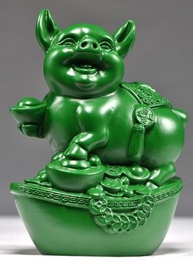 绿色木猪摆件木头猪饰品生肖木雕工艺F品吉祥物实木质桌面客厅装