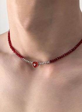红色爱心金属串珠拼接项链女士