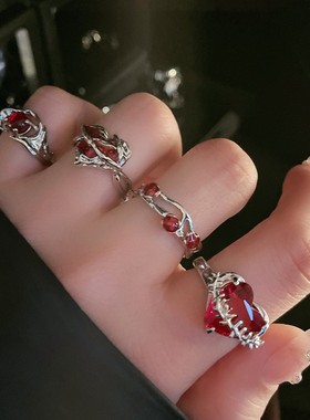 红色高级感戒指女ins叠戴百搭