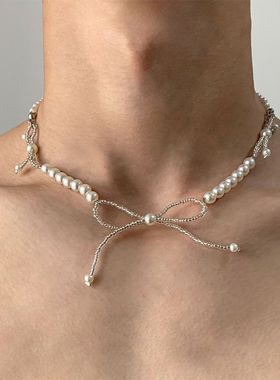 仿珍珠蝴蝶结项链女款小众设计