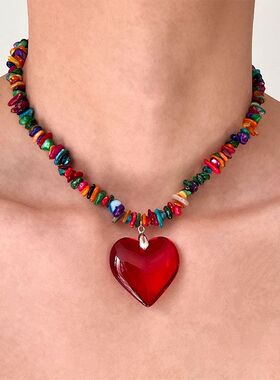 爱心彩色不规则串珠锁骨链项链