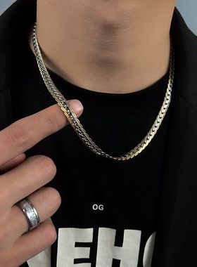 新款压花古巴链钛钢项链男款金色