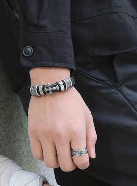 欧美黑武士十字架手链男士编织