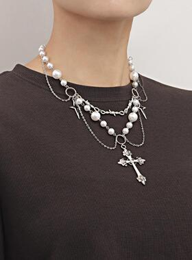 小众高级感双层仿珍珠十字星项链