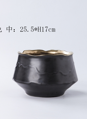 现代简约黑白内金陶瓷花s瓶花盆摆件家居客厅餐桌插花器果盘装饰
