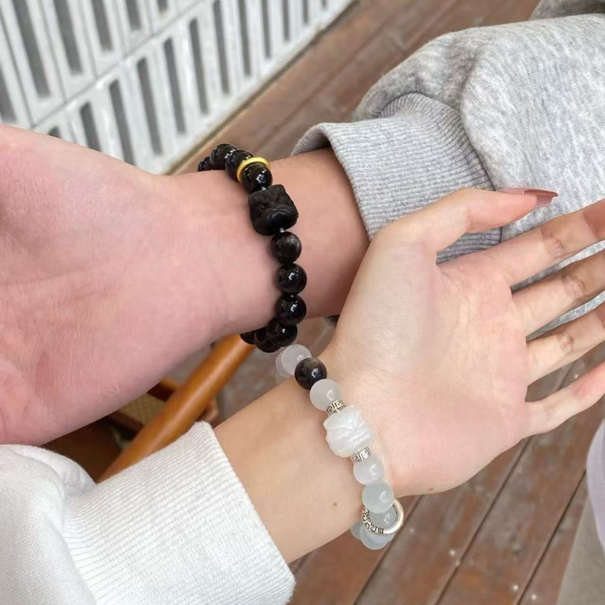 新中式祥瑞醒狮手串盘玩手链不掉色仿黑曜石情侣情人节礼物ins风 - 图1
