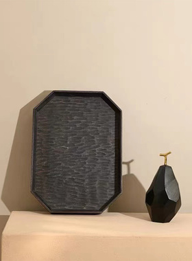 新中式复b古做旧实木菱形茶托盘摆件样板间客厅茶几黑色收纳盘装