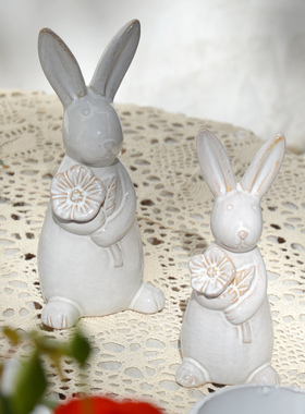 欧式白色陶瓷兔子花园阳台摆件