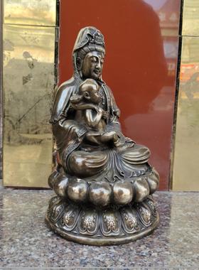 彷古铜观世音菩萨送子观音莲花坐像中式摆件铜童子观音高30公分