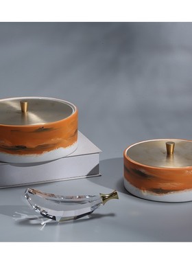 现代简约新中式手绘山橙色圆盖首饰盒摆件轻奢样板房黑Y色收纳饰