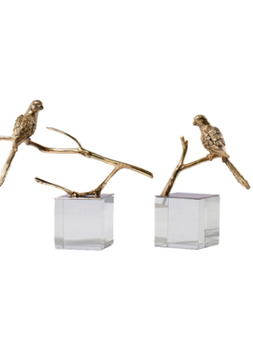现代新中式金属铜枝小鸟摆w件水晶样板房书房客厅创意软装饰品