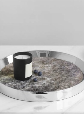 北欧创意金属圆形马毛托盘t摆件客厅卧室玄关酒店电视柜家居装饰