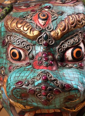 珍品旧藏a收老纯铜工艺镶嵌宝石彩绘描金大威德头像老物件