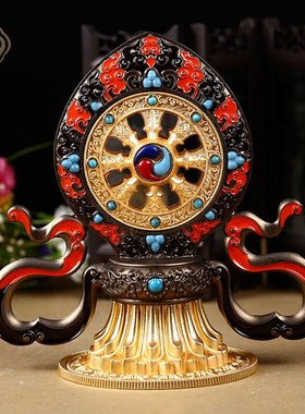藏传密宗特大铜合金彩绘镀金双鹿法轮P宝堂供具摆件包邮