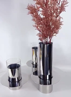 现代轻奢样板间不锈钢几何玻璃银色花器摆件O家居客厅餐桌花瓶装