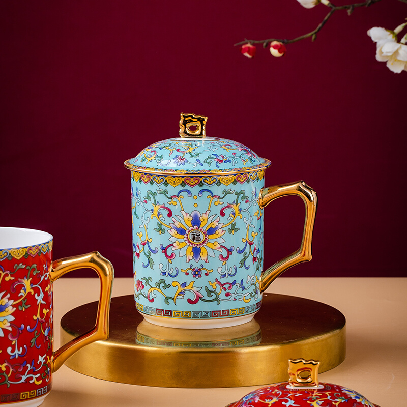 景德珐镇琅彩瓷办公杯带手柄中式带盖大容量500毫升骨瓷会议茶杯 - 图2