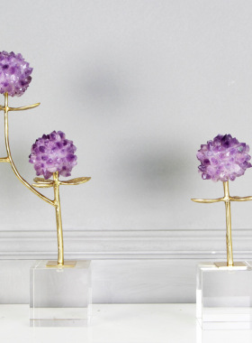 现代简约天然紫水晶花黄铜枝叶工艺品摆件M样板间客厅玄关茶几装