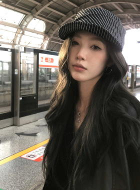 日系文艺褶皱条纹平顶渔夫帽女春夏新款小众设计棉麻薄款遮阳盆帽