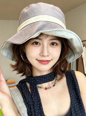 亚麻渔夫帽女夏双面戴拼接百搭盆帽可扎马尾气质卷边显脸小渔夫帽