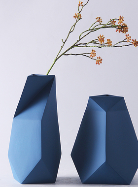 北欧现代几何折纸不m规则陶瓷蓝色花瓶家居客厅餐桌玫瑰金花器摆