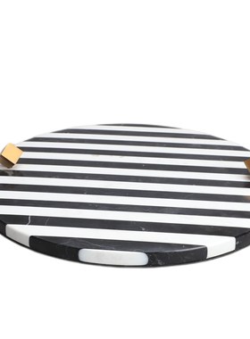 高档大理石e水果托盘圆形高档黑白条纹加铝合金装饰软装家居品托