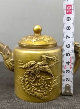 古玩杂项黄铜龙凤酒壶乾隆年制款底E黄铜拉丝铜壶龙凤铜装饰壶摆