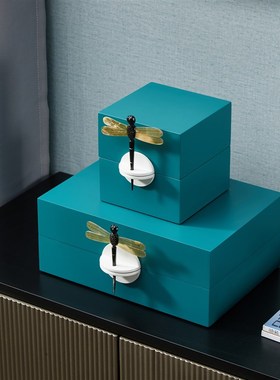 新中式现代样板房书房p玄关摆件木漆器孔雀绿牛角首饰盒收纳储物