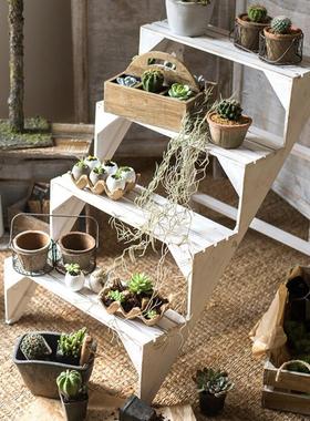 田园实木阶梯花架 多层楼梯台装饰陈列架 阳台花园客厅多功能摆件