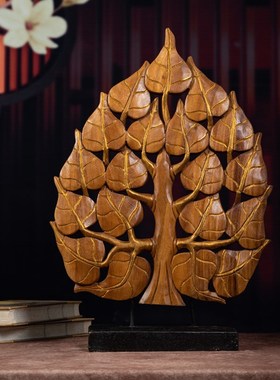 菩提叶实木摆件桌面玄关祈福装饰用品原木L雕刻泰式风格工艺发财