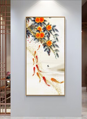 网红玄中式新关装饰画竖版柿子中式装饰画玄关走廊过道装饰画事事