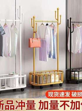 简易轻奢衣服收纳架衣架卧室落地挂衣架带轮可移动加厚加粗挂衣架