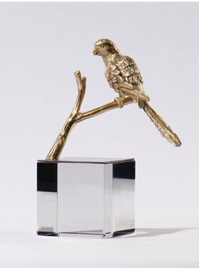 现代新中式金属k铜枝小鸟摆件水晶样板房书房客厅创意软装饰品