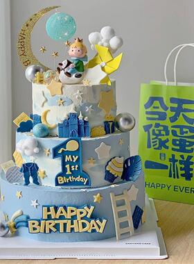 三层男童小王子蓝色系云朵棒棒糖百天生日宴甜品台塑胶假蛋糕模具