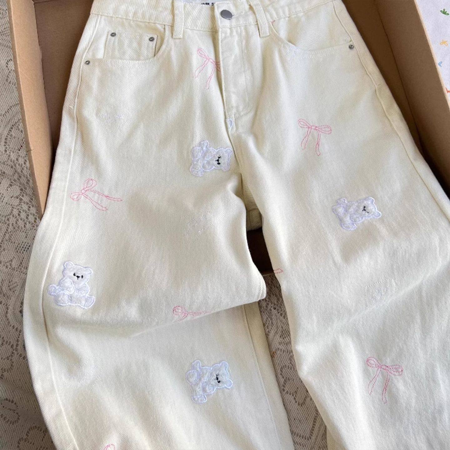 大码女装胖mm设计感小熊刺绣阔腿牛仔裤女梨型身材高腰显瘦直筒裤,淘宝优惠券,粉丝福利购,淘宝优惠卷