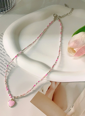 极速糖果彩色串珠爱心吊坠项链可爱少女锁骨链M2023年夏季新款气