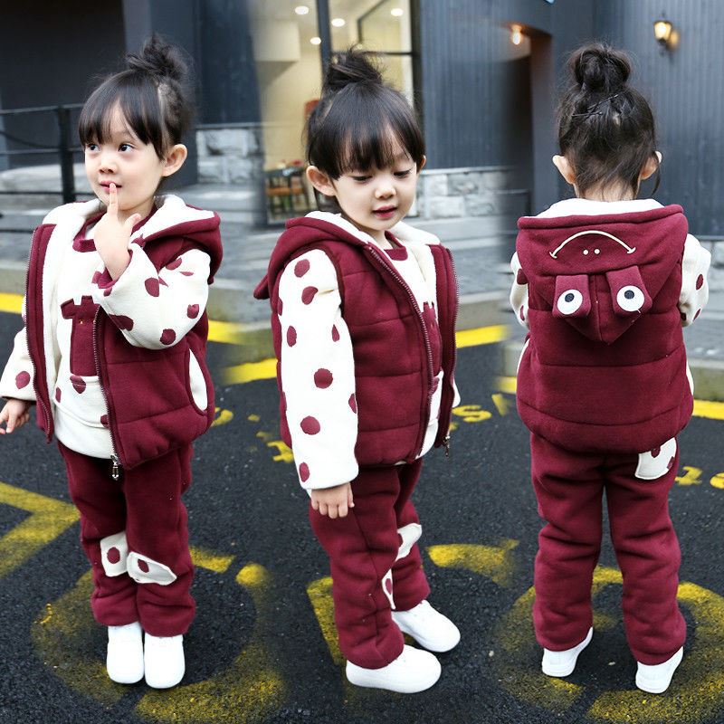 女童套装2023秋冬装新款洋气5女宝宝三件套加绒卫衣6岁儿童装加厚-图1