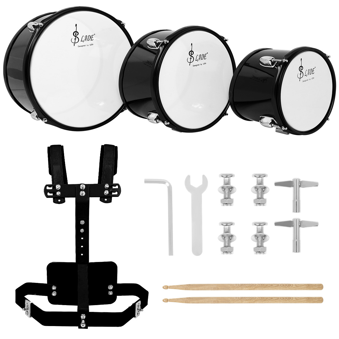 SLADE三联鼓带背架调节行进鼓多联鼓多音鼓黑色小军鼓天巴鼓3连鼓 - 图1