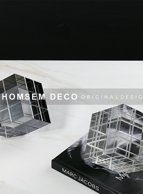 现代极简约透明几何正方形水晶魔C方摆件样板房售楼处软装饰品摆