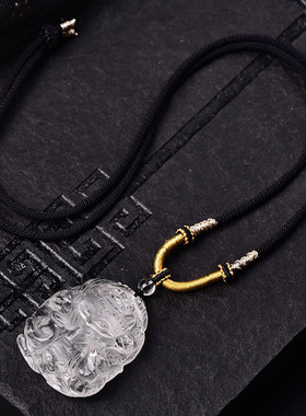 天然白水晶五仙狐狸牌吊坠双面雕刻工艺晶体通透原创款狐狸项链