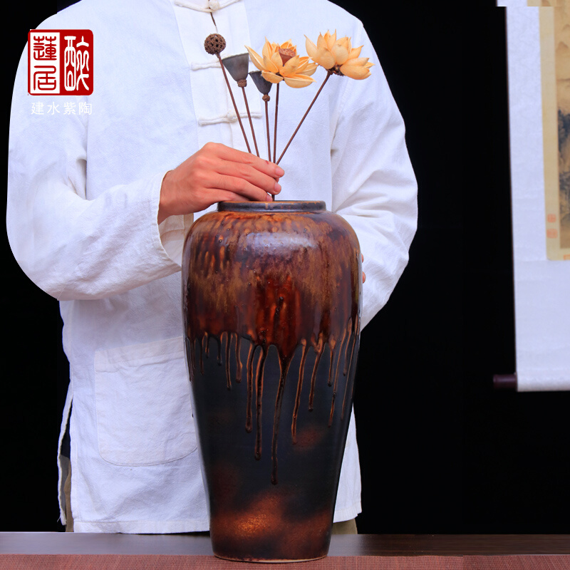 建水紫陶艺术花瓶家居客厅茶室玄关装饰摆件花道花器土釉花瓶 T42 - 图1